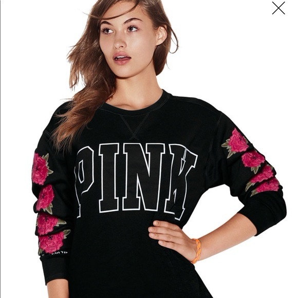 PINK Victoria's Secret Sweaters - Victoria's Secret PINK Campus Crew Black Embroidered Red Rose Floral Sweatshirt